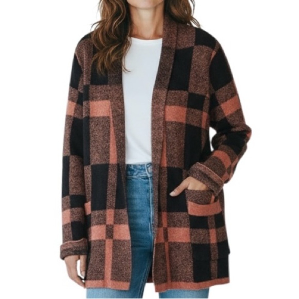Preswick & Moore Plaid Open Front Cardigan Jacket Black Rust Check Knit Pockets - Picture 2 of 10